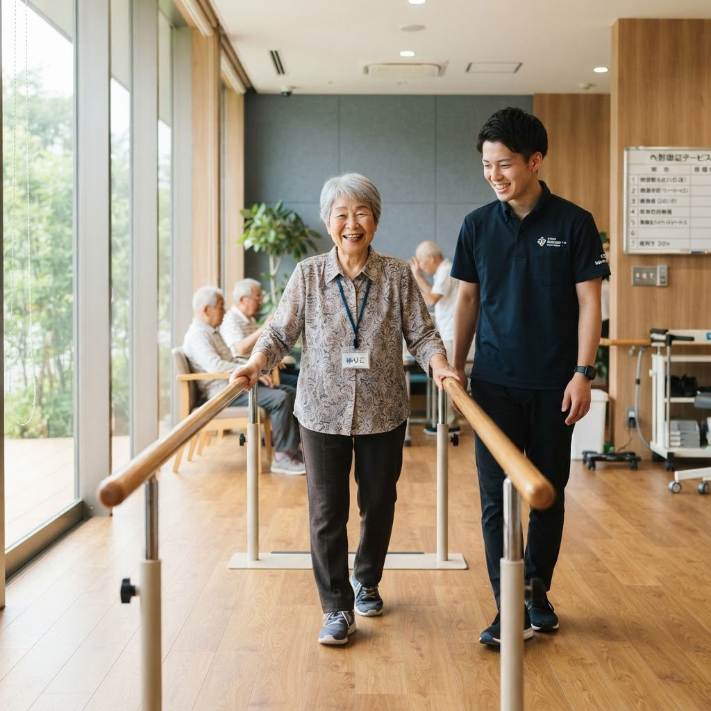 理学療法士に支えられて歩行訓練をする利用者様